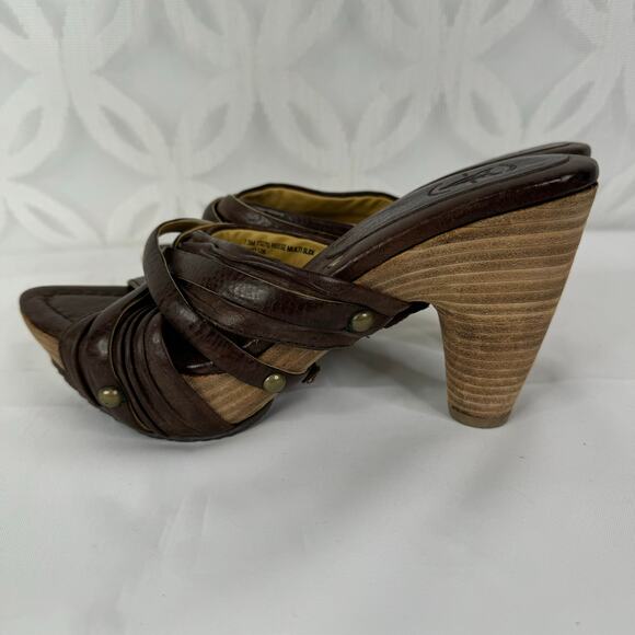 Frye Brown Leather Reese Multi Slide Heels 7.5 Stacked Cone Heel Slip On Sandals - Picture 5 of 9